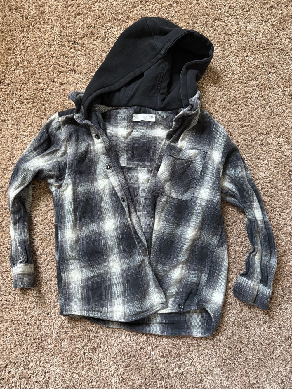 Zara Kids Hooded Plaid Button-Down Shirt Jacket - Black & Gray